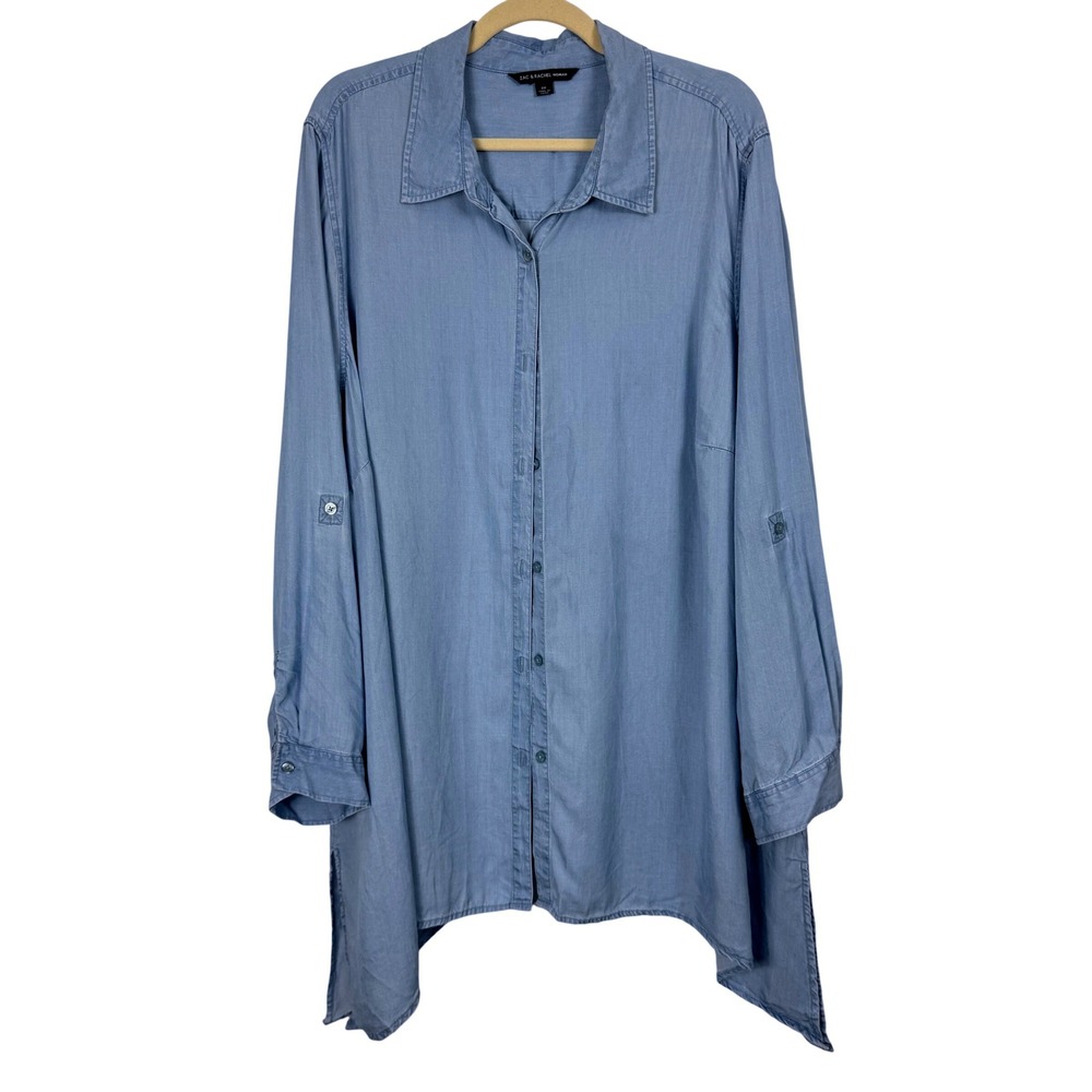Zac & Rachel Woman Blue Lyocell Roll Tab Sleeve Sharkbite‎ Hem Tunic Top Plus 3X